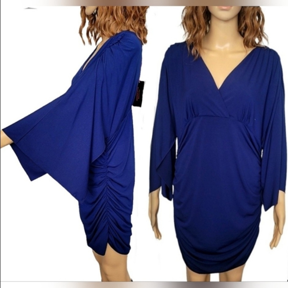 Midnight velvet navy blue v neck flowy butterfly sleeve ruched mini dress XL NWT